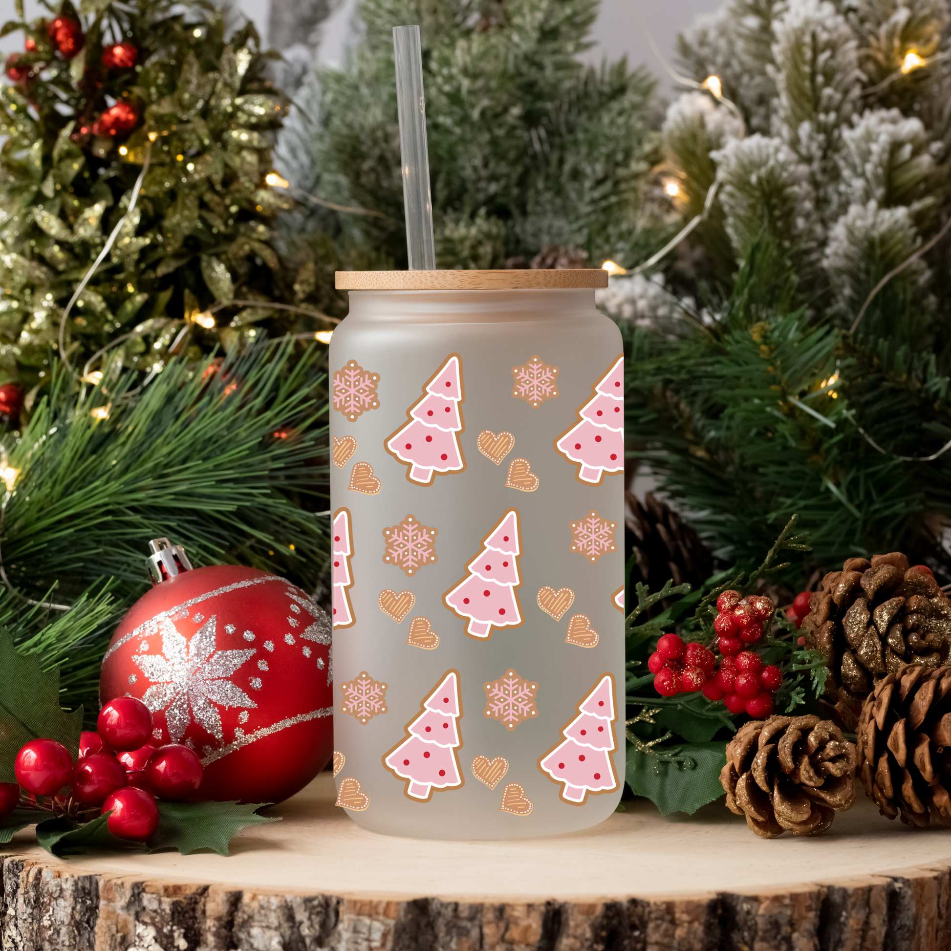 Celebrate in style with our 16oz Christmas Libbey Glass Can featuring a pink Cookies & Snowflakes design. Perfect for all your festive drinks