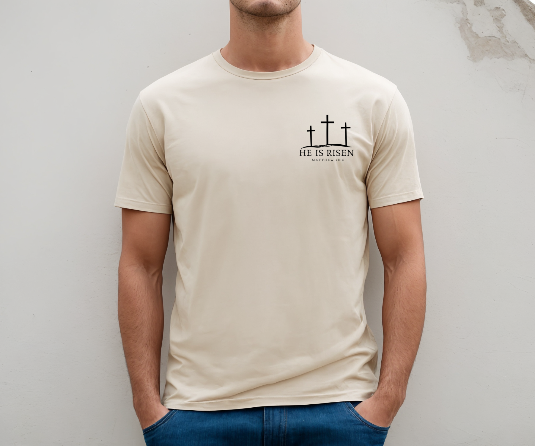  "He Is Risen Men's Christian T-Shirt, screen printed design on super soft fabric, in colors heather dust, white, and black"