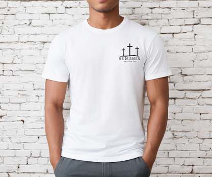  "He Is Risen Men's Christian T-Shirt, screen printed design on super soft fabric, in colors heather dust, white, and black"