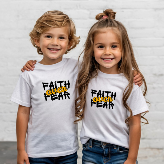 Faith Over Fear kids tee siblings wearing a white shirt  - Abound in Faith