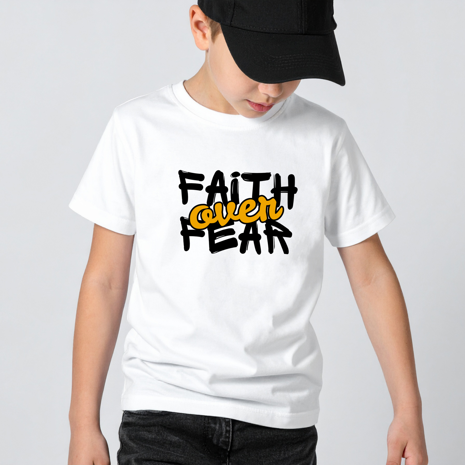 Faith Over Fear kids tee front white graffiti design - Abound in Faith