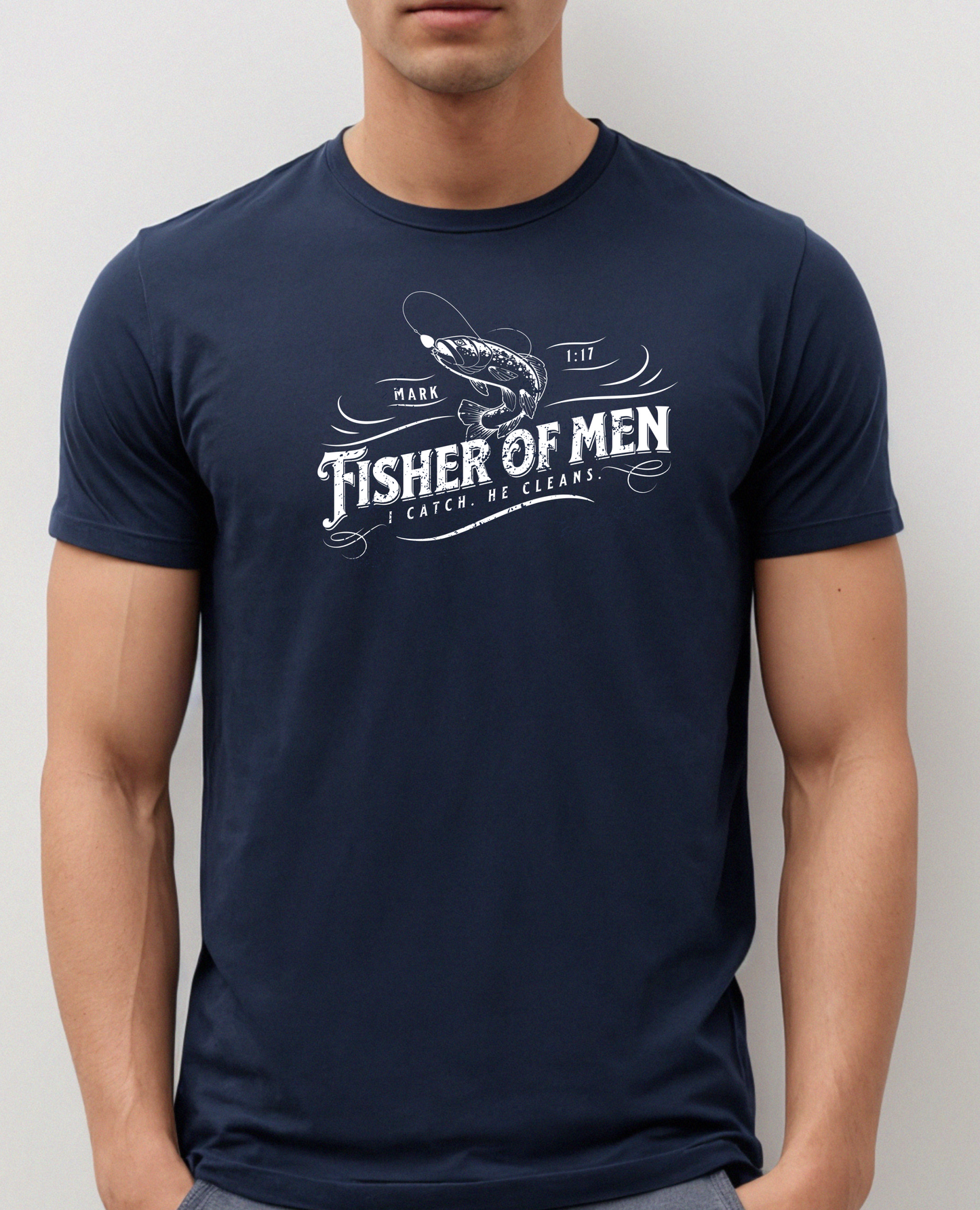 Navy blue Fisher of Men christian t-shirt for men inspired by Matthew 4:19