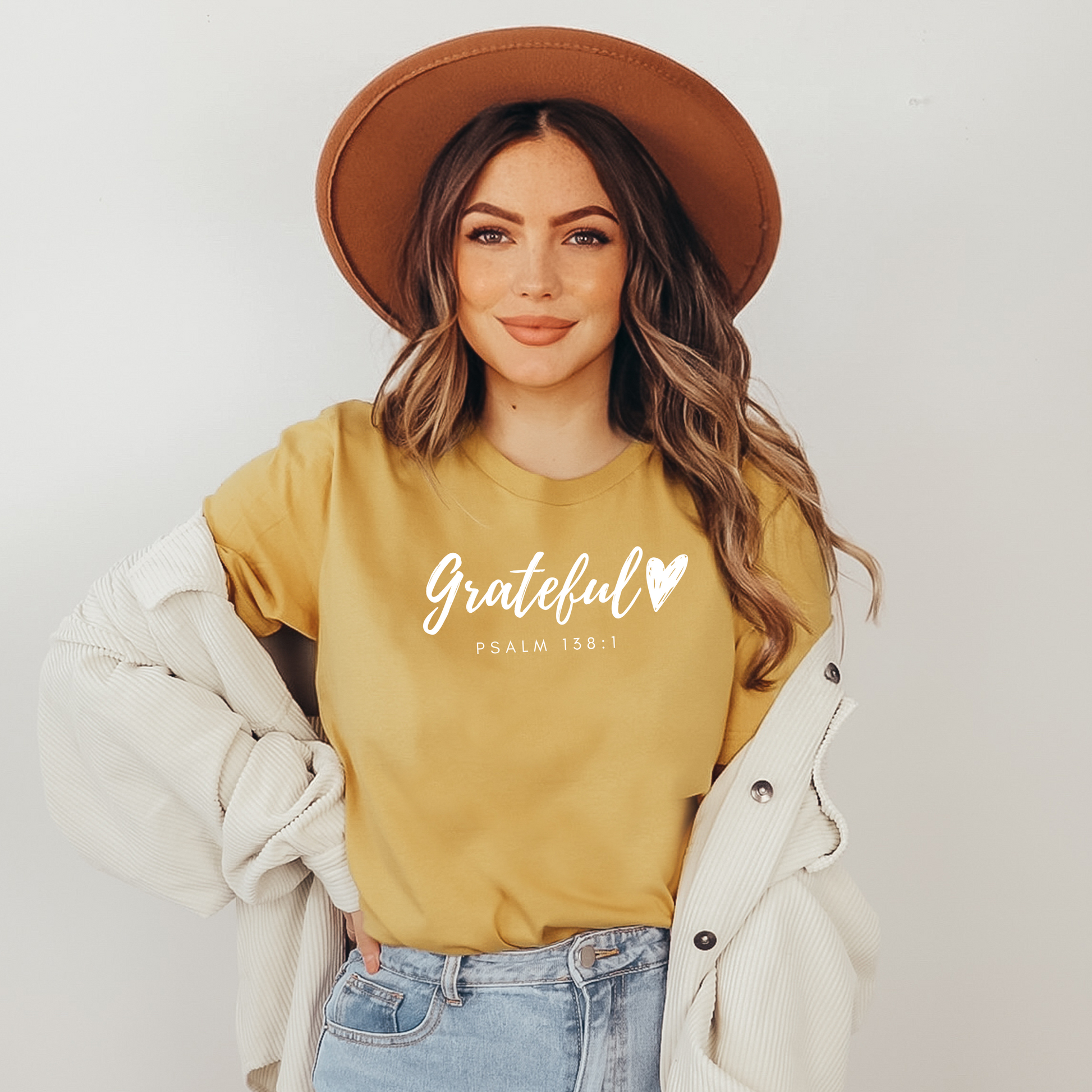 Mustard Grateful Heart T-Shirt with faith-inspired message — Perfect fall Christian shirt