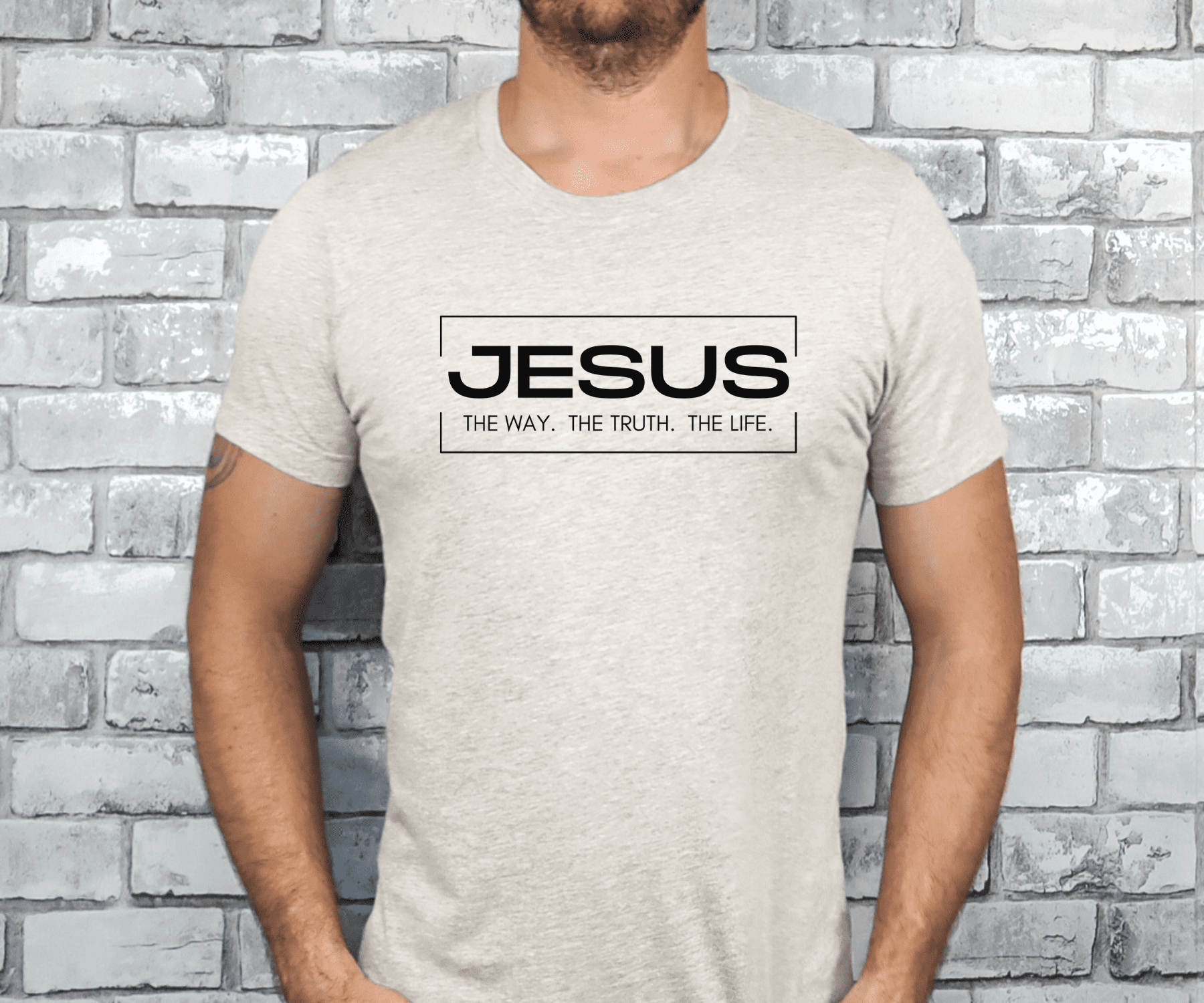 Christian T-shirt,   featuring bible verse "Jesus is the way, the truth, the life". John 14:6"   Color: Heather Dust