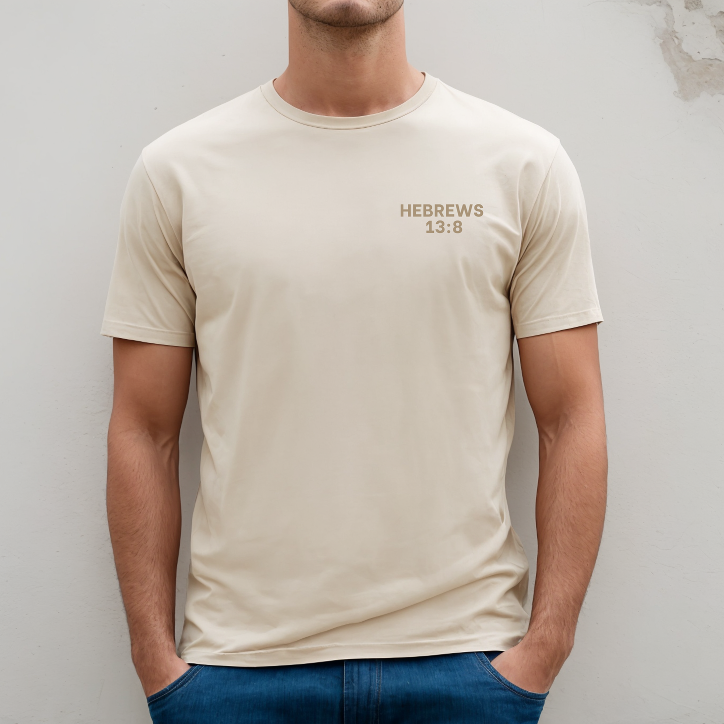 Hebrews 13:8 tee front left chest - Abound in Faith