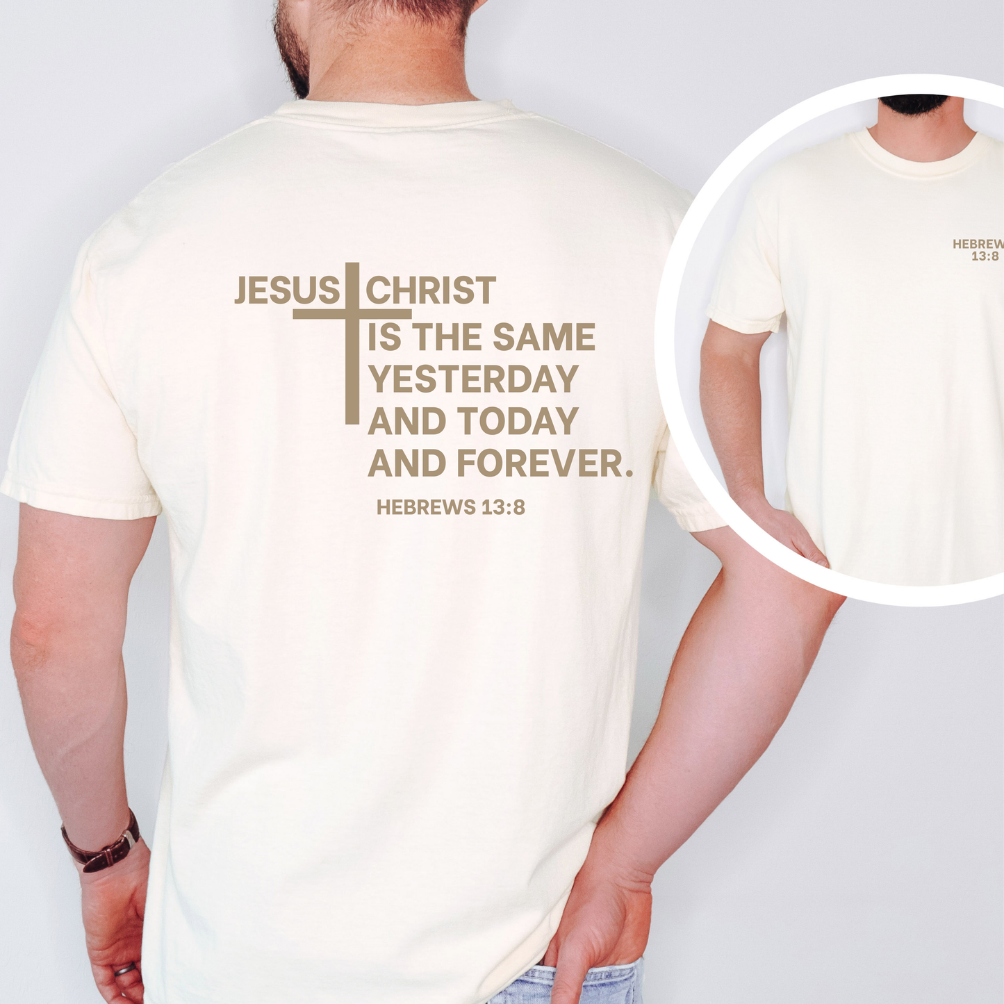 Jesus Christ Hebrews 13:8 tee back cross design - Abound in Faith