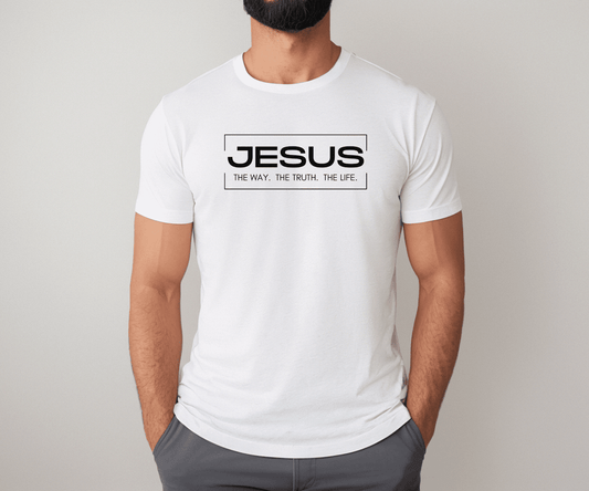 Christian T-shirt,   featuring bible verse "Jesus is the way, the truth, the life". John 14:6" 