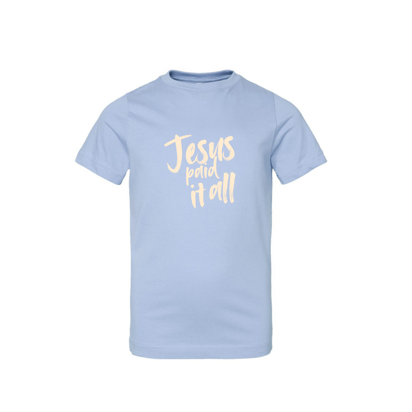 Jesus Paid It All kids Christian t-shirt styled with denim jacket faith apparel for children