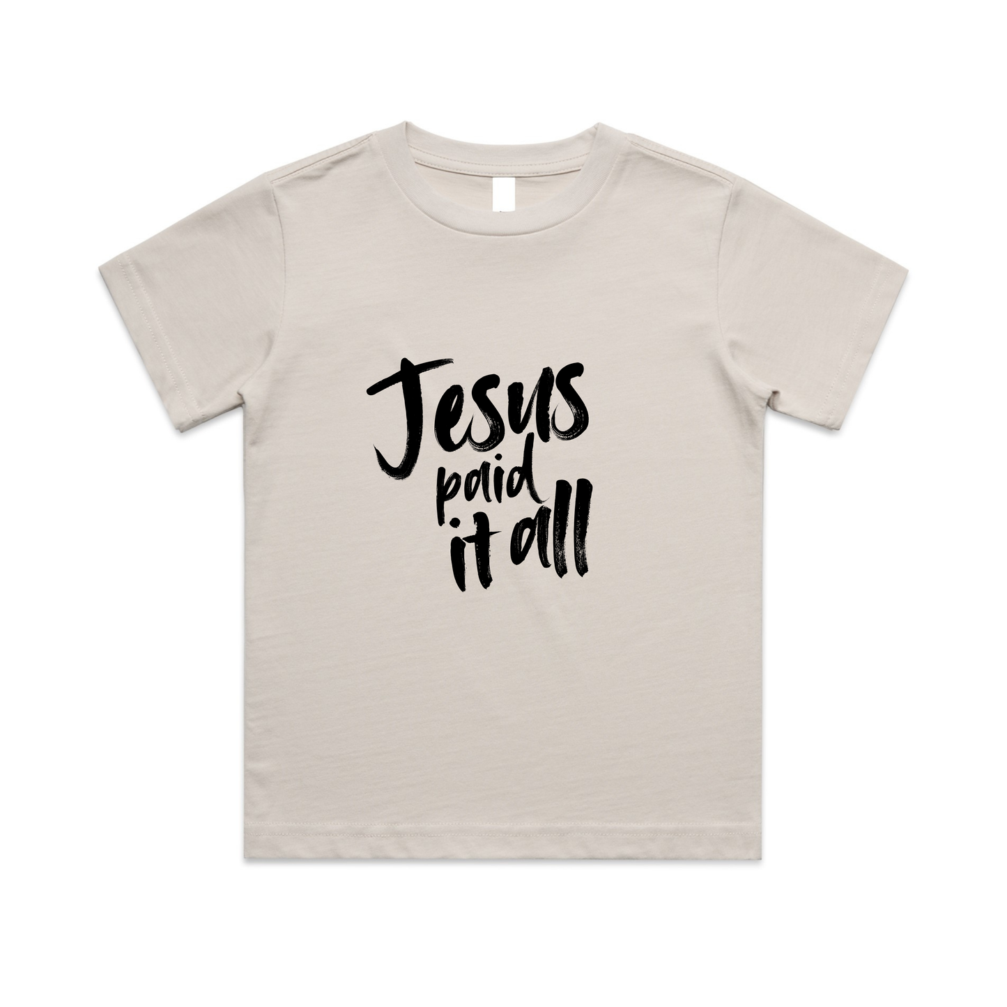 Jesus Paid It All kids Christian t-shirt flat lay white 100% combed cotton premium tee by Abound in Faith