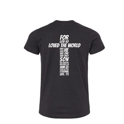 Black t-shirt with white bible verse of John 3 16 text on a white background