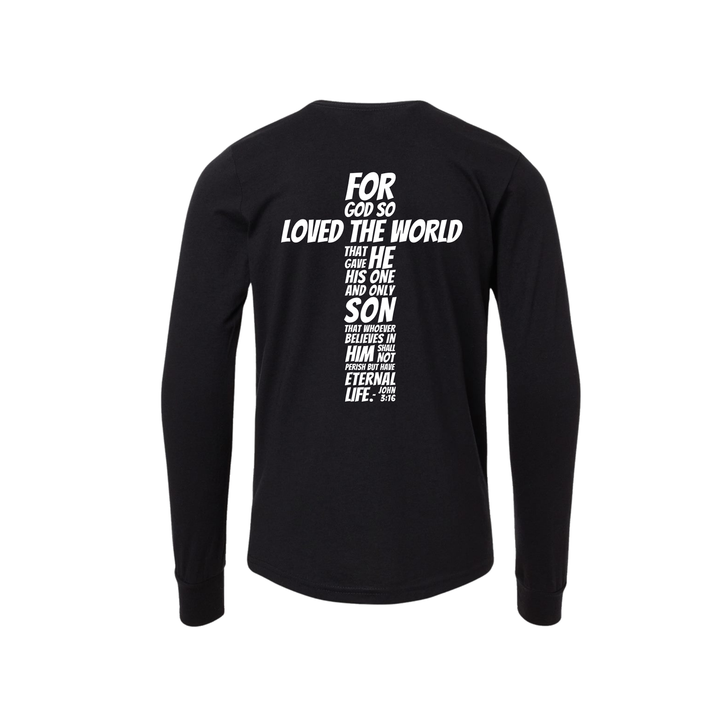 Black long-sleeve shirt john 3 16 with white  bible verse on a white background