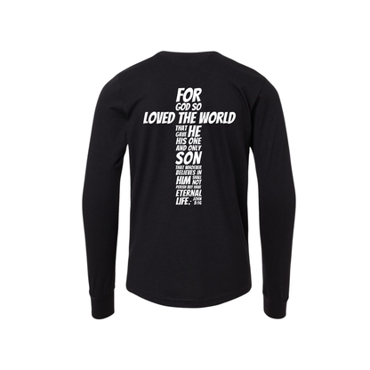 Black long-sleeve shirt john 3 16 with white  bible verse on a white background