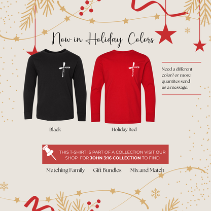 Black and red long-sleeve shirts with a cross design on a holiday-themed background.