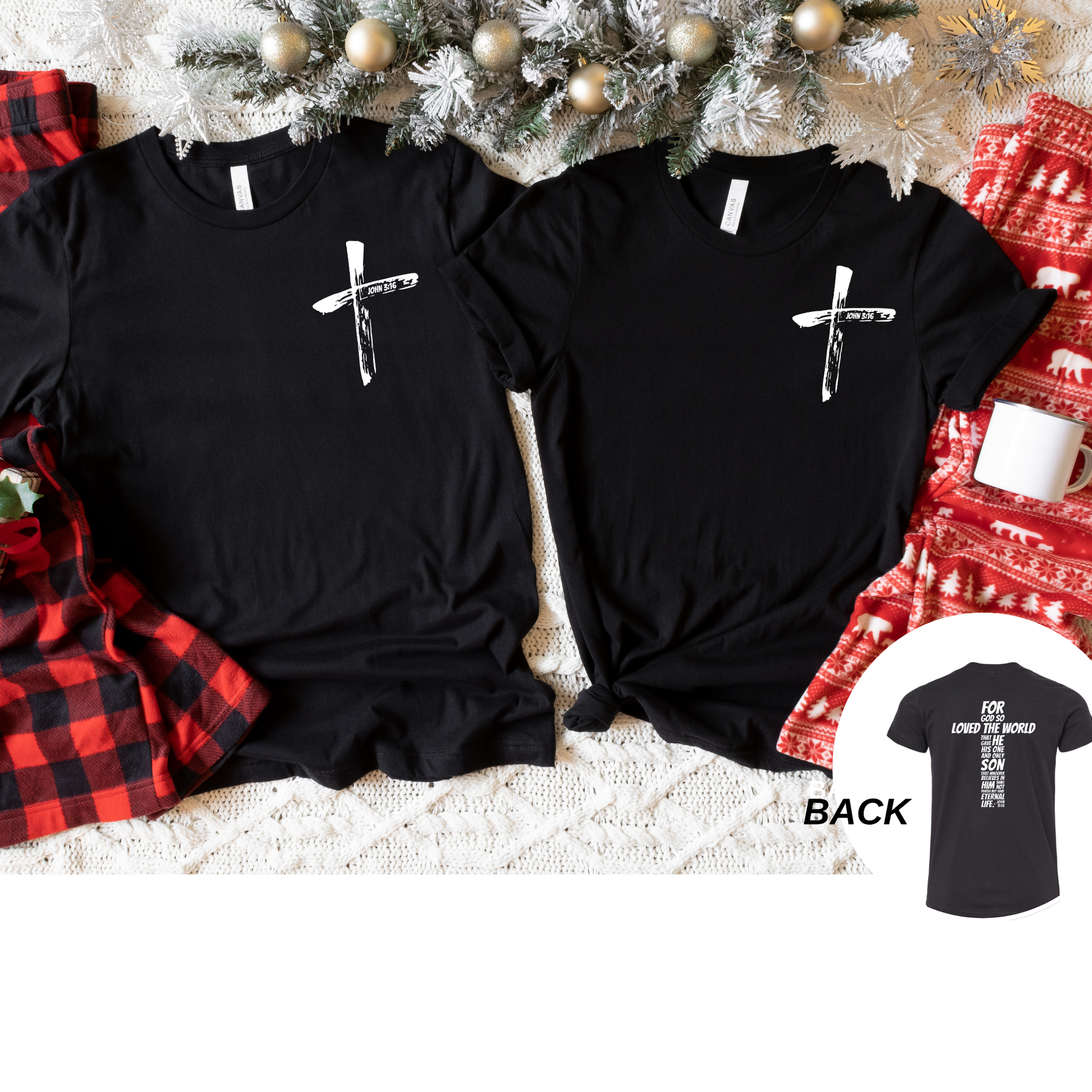 Two black t-shirts with a white cross design on a Christmas-themed background