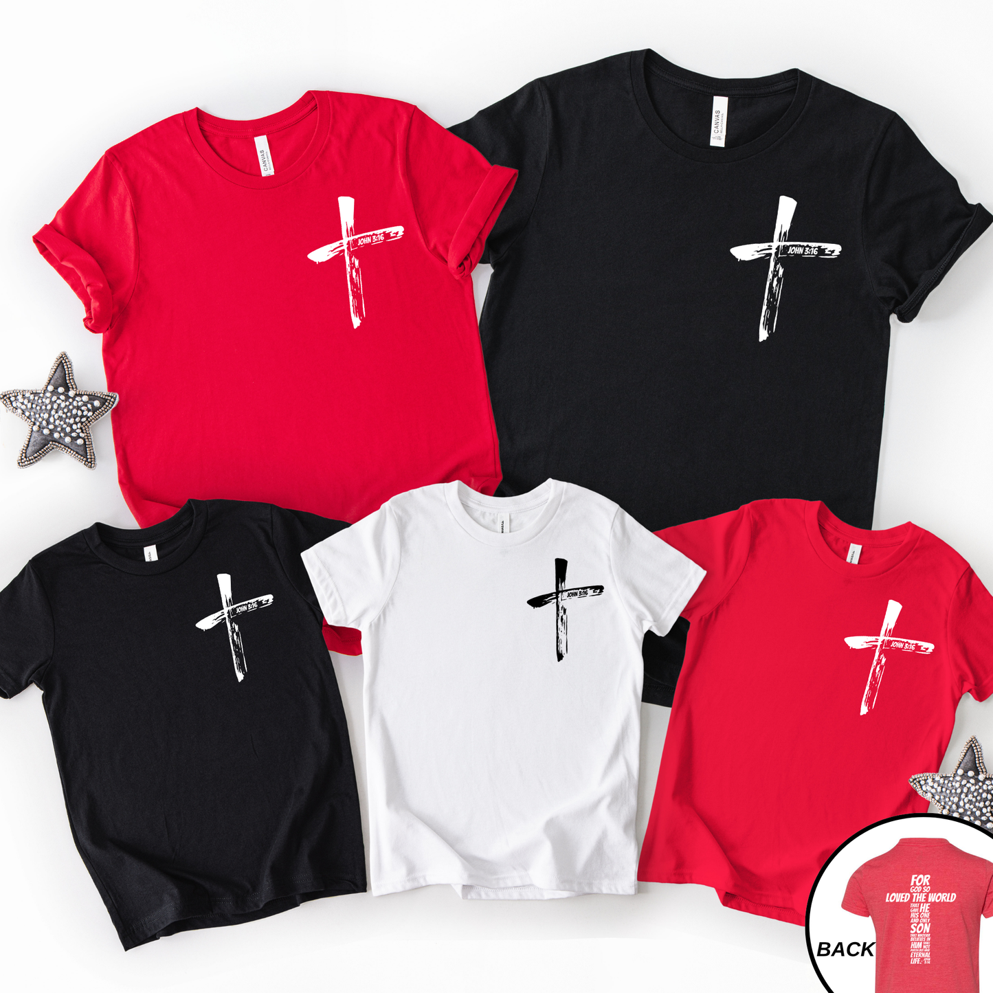 Family matching t-shirts John 3 16 in red, black, and white with a cross design on a white background.