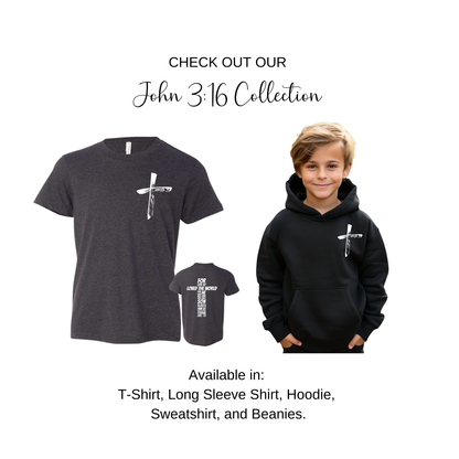 Black t-shirt with cross design, black hoodie with cross design, and a child wearing the hoodie on a white background.