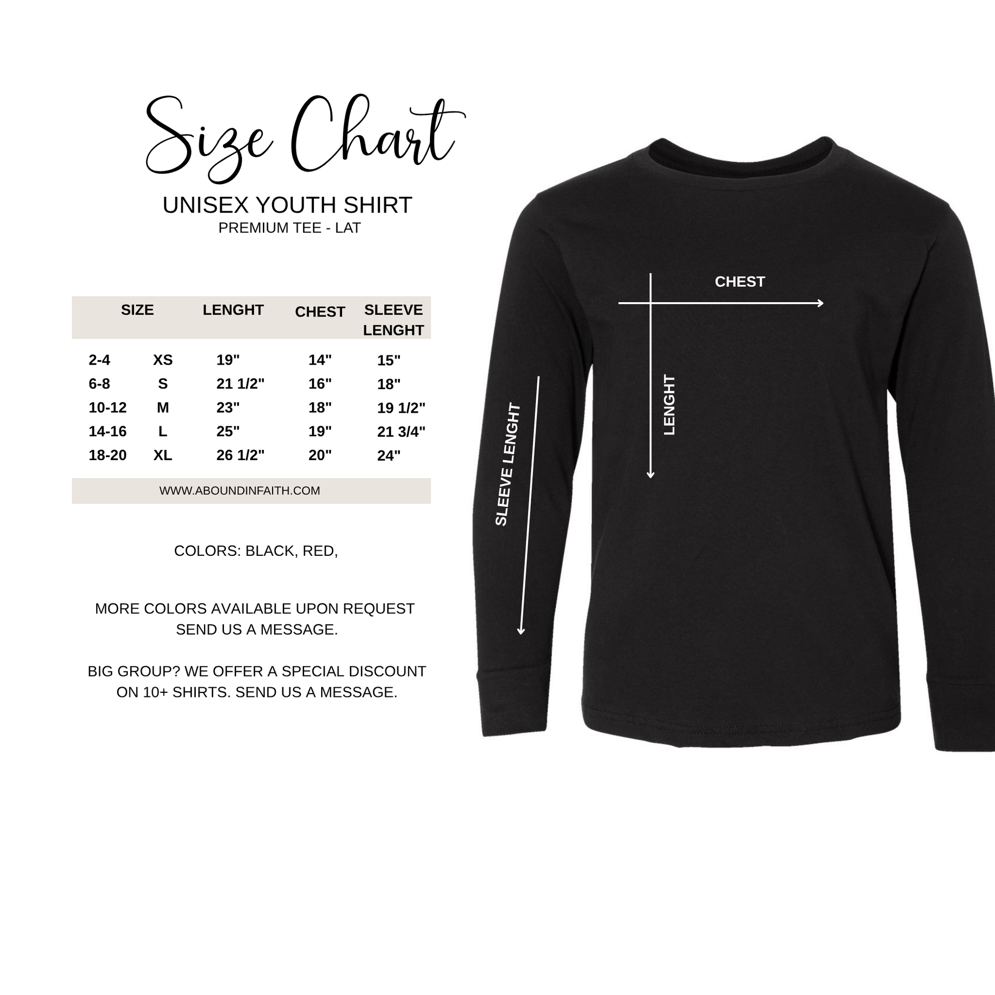 Black long-sleeve shirt with size chart on a white background