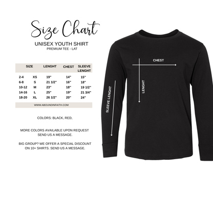 Black long-sleeve shirt with size chart on a white background