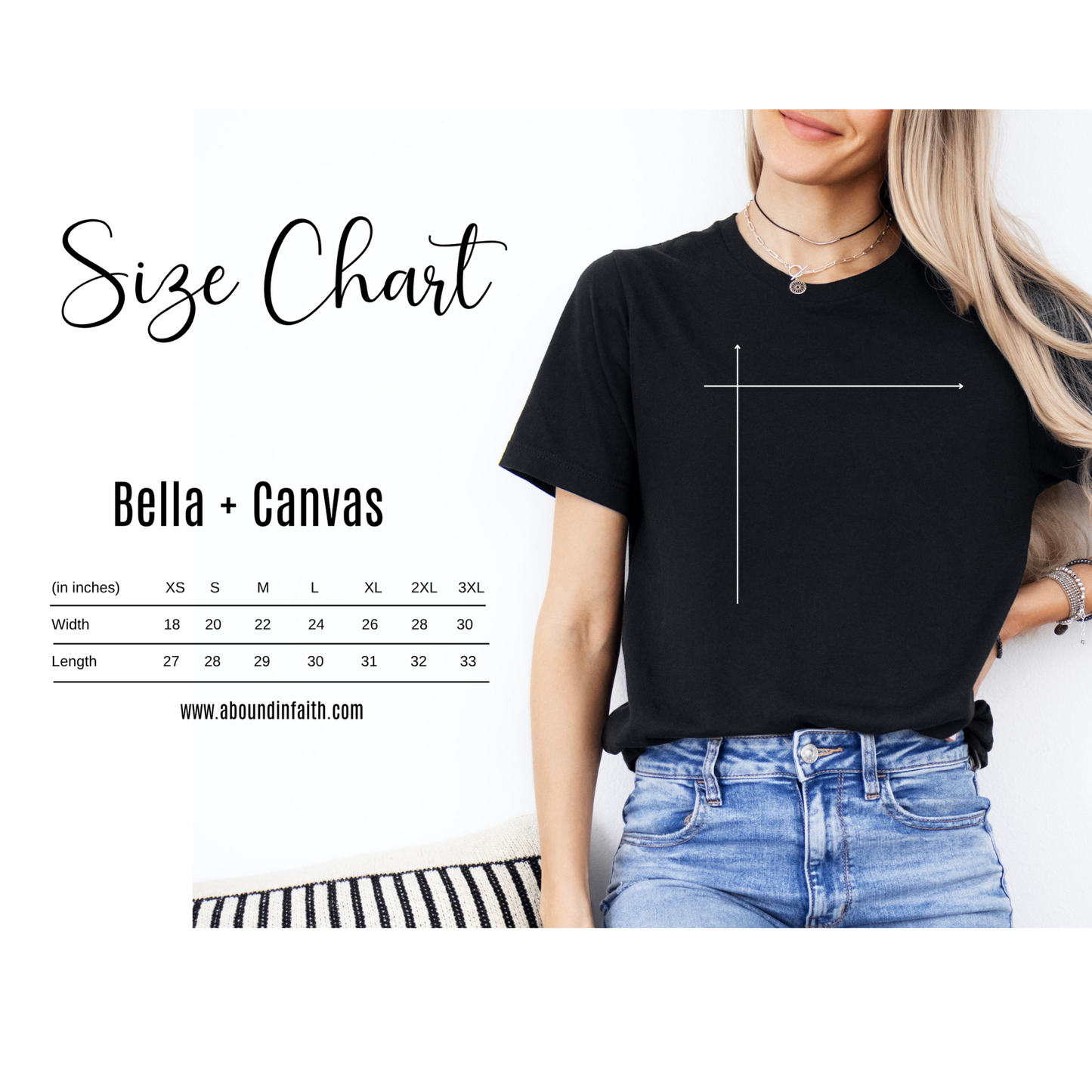 Black t-shirt size chart with a person wearing it and measurement lines.
