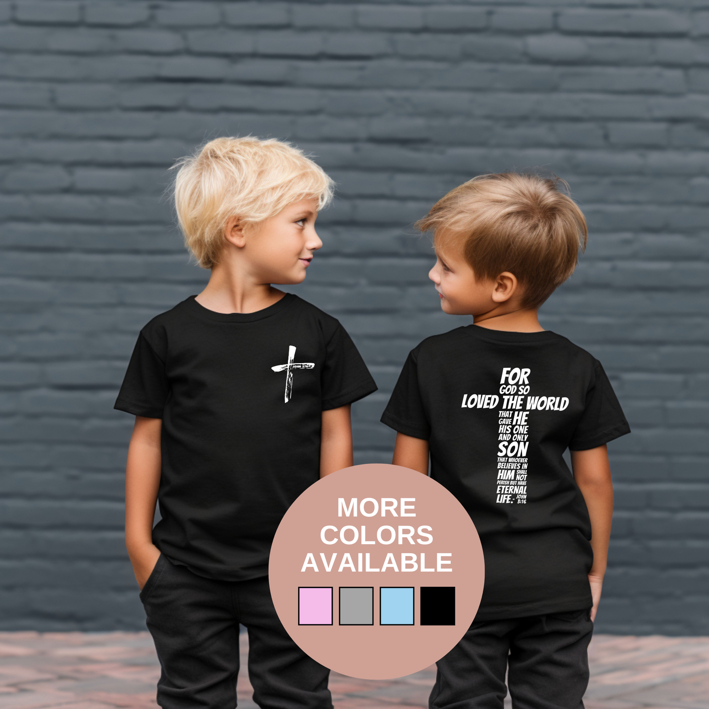 John 3:16 kids shirt with Bible verse design — Christian shirt for boys and girls