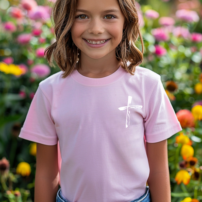 Children wearing the Kids John 3:16 Christian shirt in pink