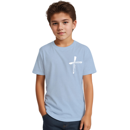 Children wearing the Kids John 3:16 Christian shirt in blue 