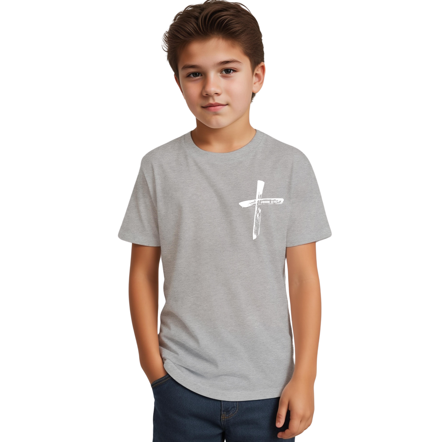 Child wearing John 3:16 kids shirt— Faith-based Christian apparel for kids - grey