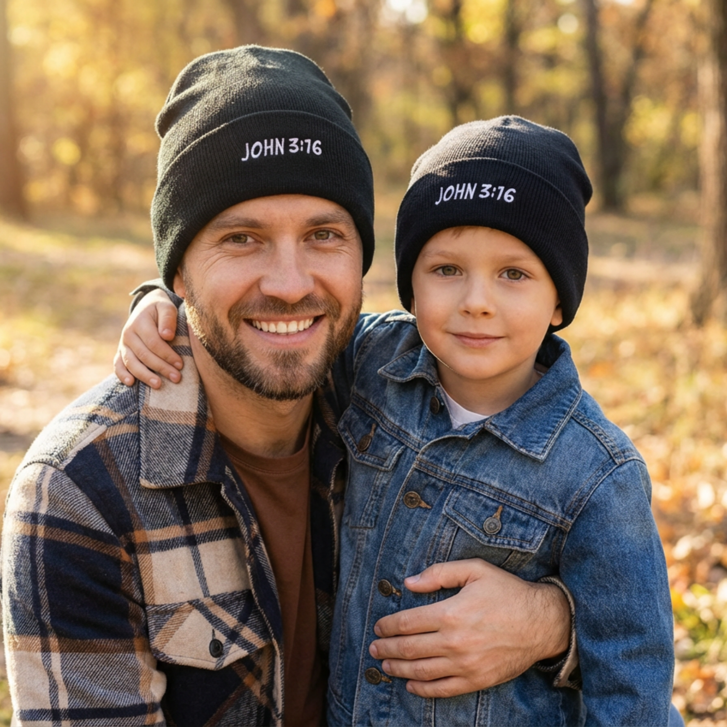 Man and child wearing 'John 3:16' beanies in a forest setting embroidered