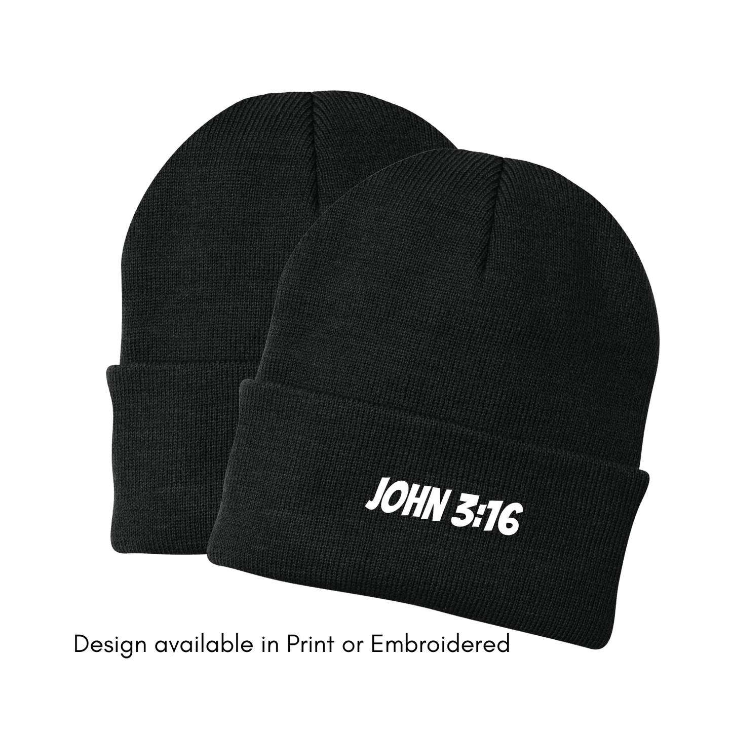 Black beanie with 'JOHN 3:16' text on a white background
