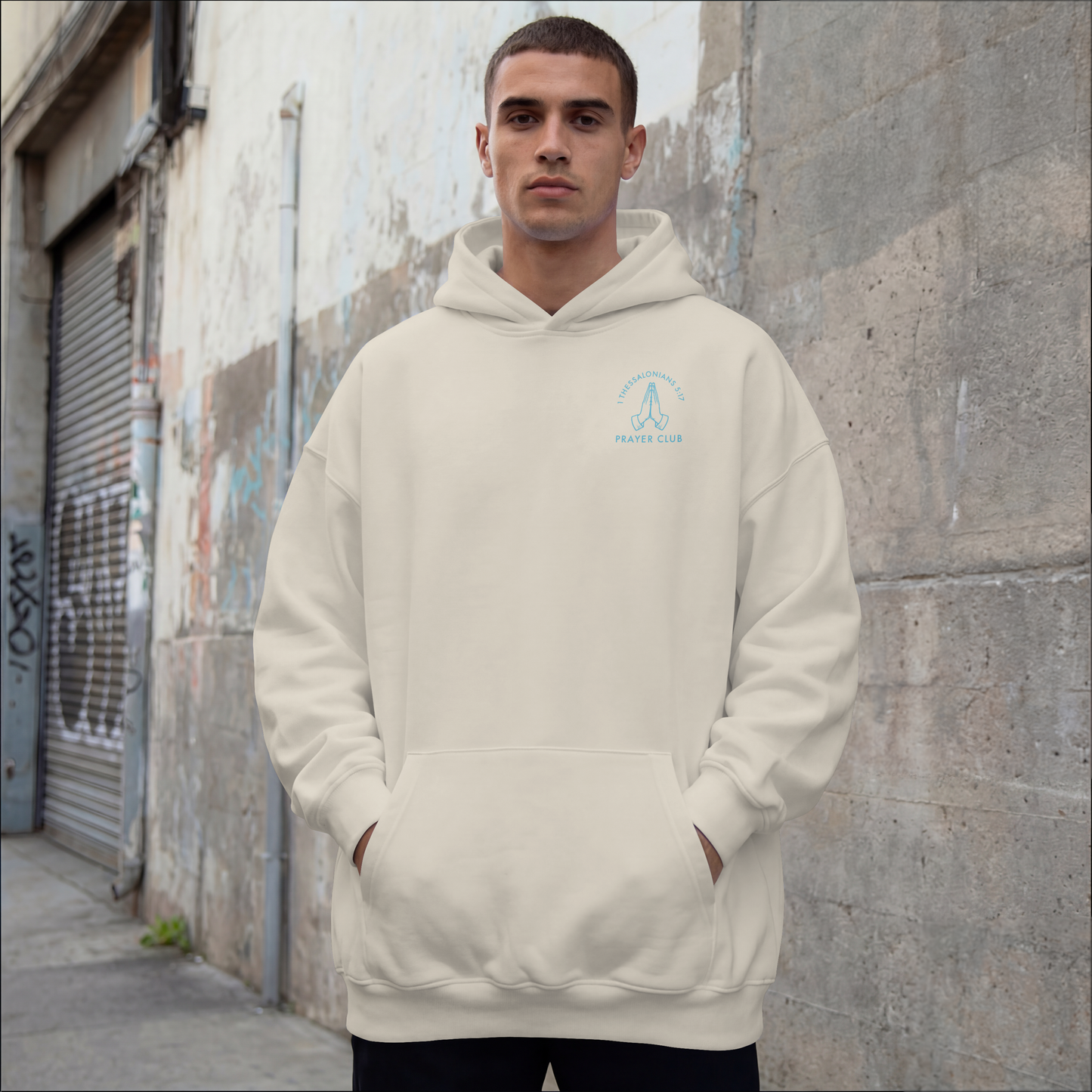 Never Stop Praying Prayer Club hoodie back blue ink Ecru - Abound in Faith