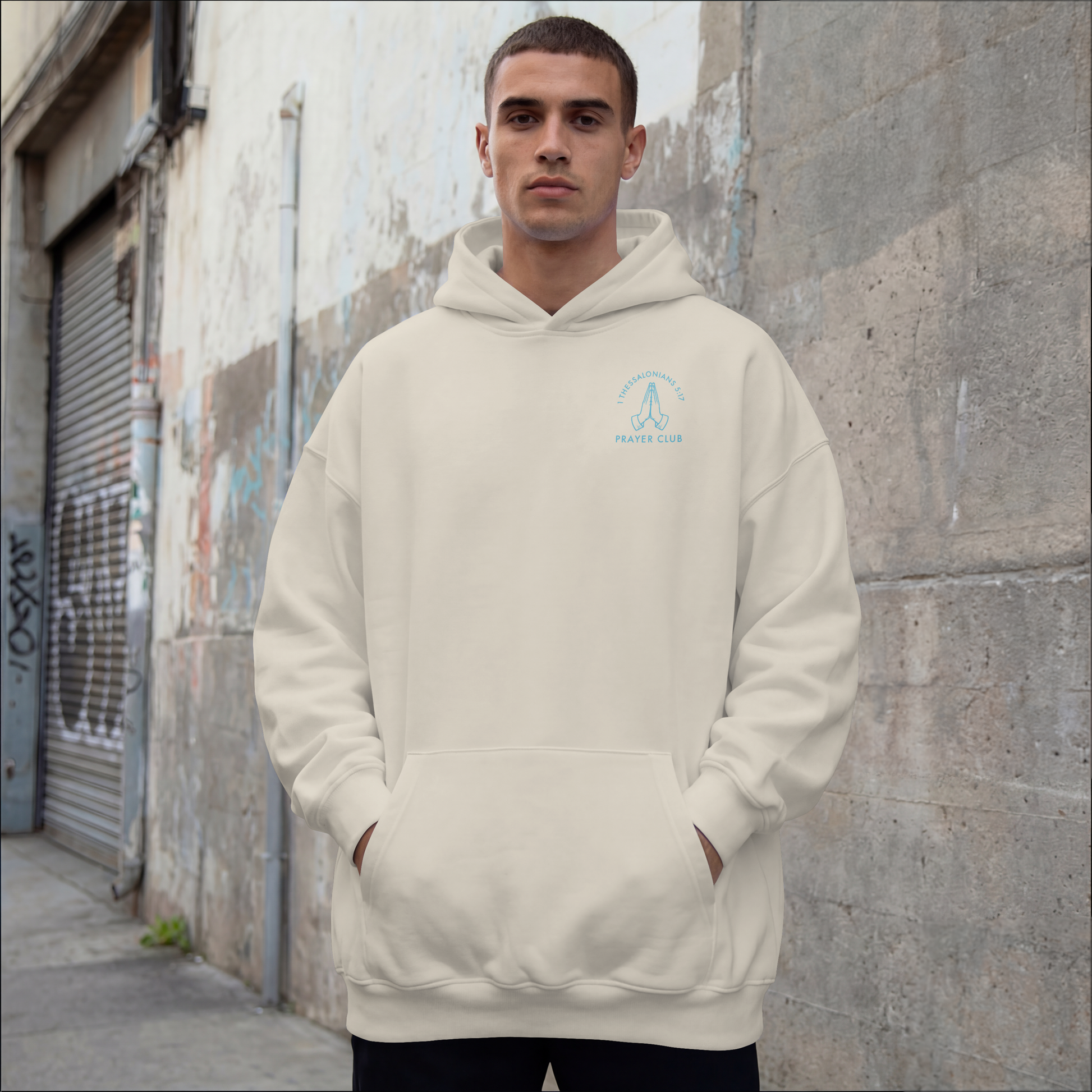 Never Stop Praying Prayer Club hoodie back blue ink Ecru - Abound in Faith