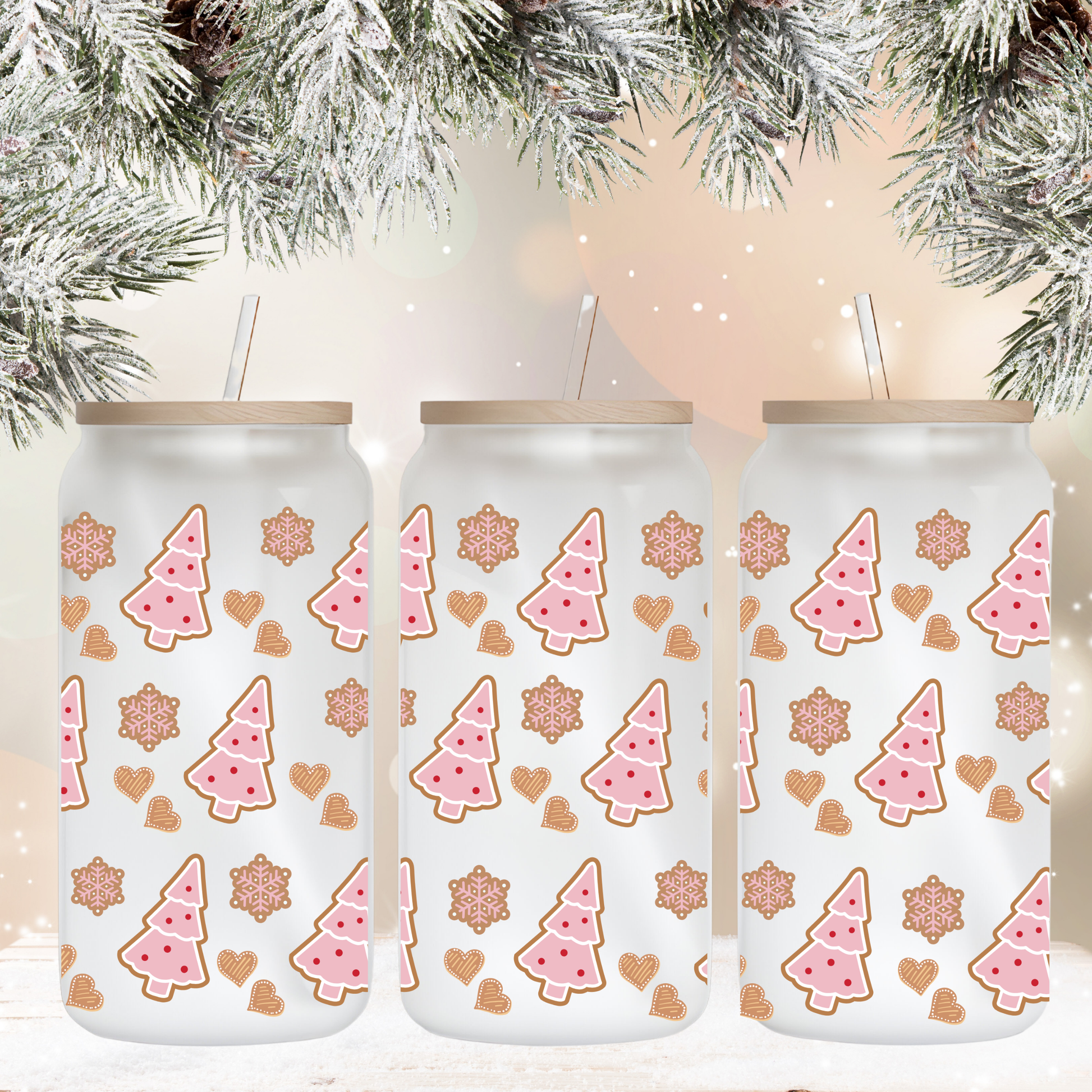 Celebrate in style with our 16oz Christmas Libbey Glass Can featuring a pink Cookies & Snowflakes design. Perfect for all your festive drinks