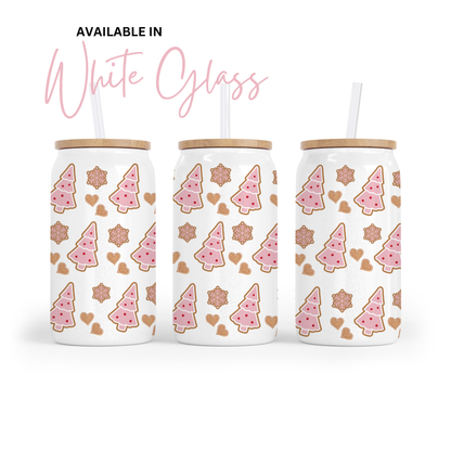 Celebrate in style with our 16oz Christmas Libbey Glass Can featuring a pink Cookies & Snowflakes design. Perfect for all your festive drinks