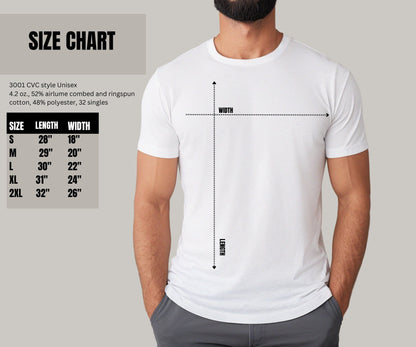 He is Risen Men’s Shirt in Bella Canvas brand with sleeve, length, and width measurements from size S to XL