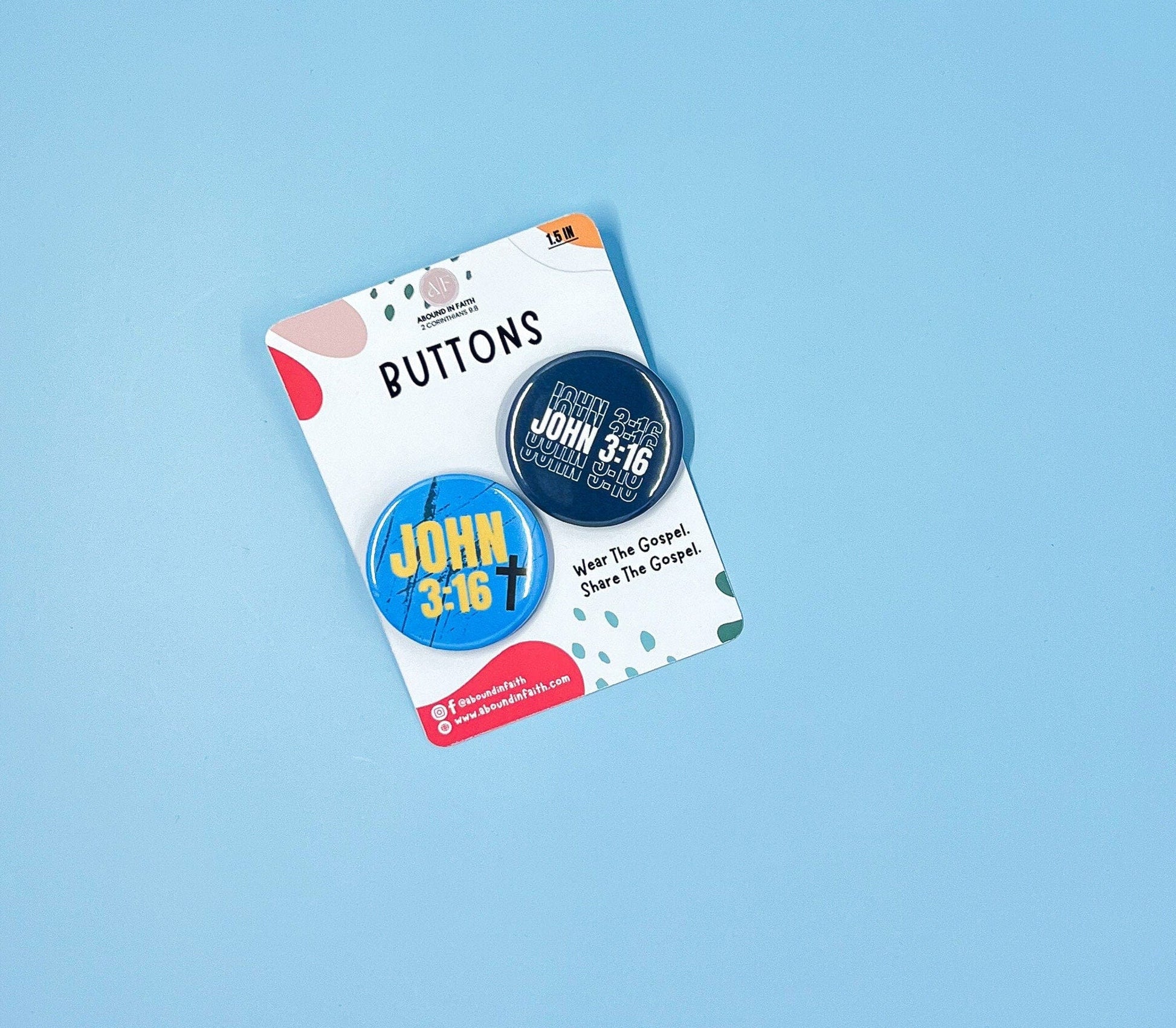 Set of two round  John 3:16 Buttons in blue and black with John 3:16 Bible verse, perfect faith-based accessories for boys and youth.