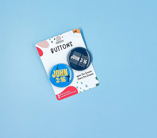 Set of two round  John 3:16 Buttons in blue and black with John 3:16 Bible verse, perfect faith-based accessories for boys and youth.