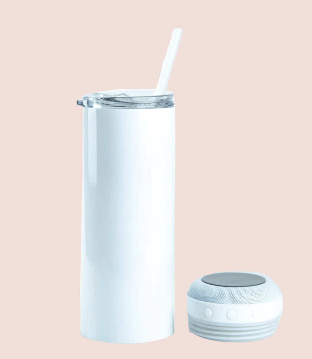 White tumbler with straw and detachable Bluetooth speaker base, perfect for custom designs and personalized gifts.