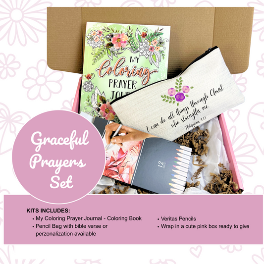 Graceful Prayers Set with coloring book, pencil bag, and pencils on a decorative background.