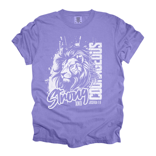 Joshua 1:9 Kids Shirt with lion graphic and Strong and Courageous design based on Joshua 1:9, in violet from comfort color 