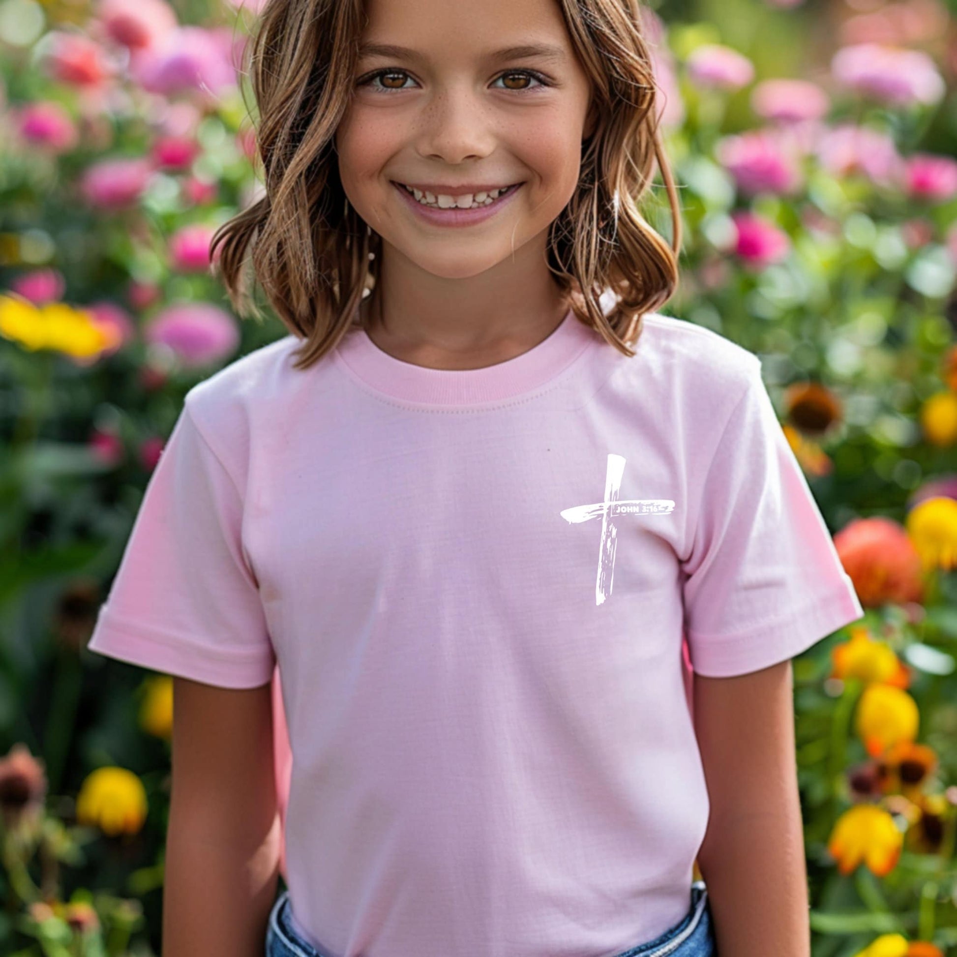 Girl wearing Pink John 3:16 Kids T-Shirt , one with a white cross on the front and the other with the John 3:16 Bible verse on the back; more colors available