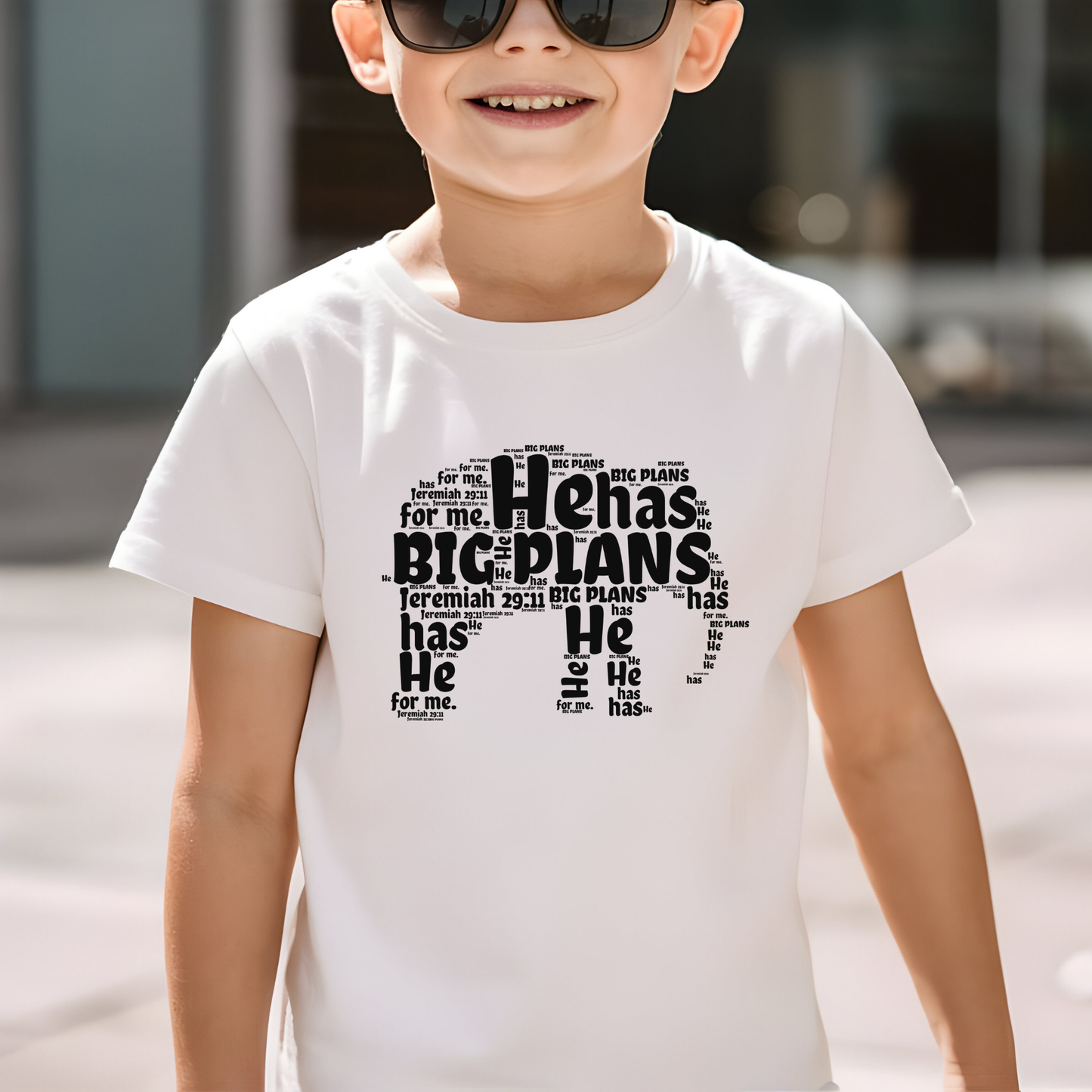 Kids white He Has Big Plans for Me Shirt Jeremiah 29:11 Bible verse in bold typography – faith-based inspirational shirt for boys and girls