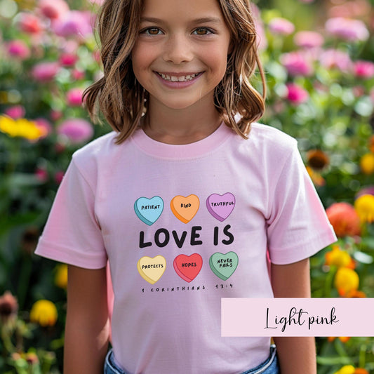 Love Is Bible Verse T-Shirt for Kids with candy hearts design