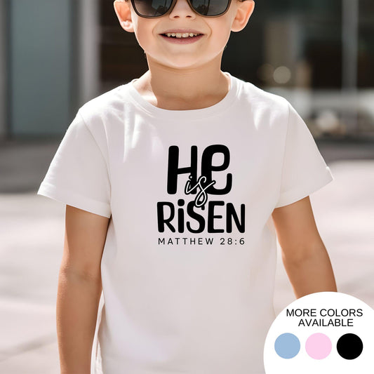 He is Risen kids Easter shirt – Christian kids shirt with Matthew 28:6 Bible verse