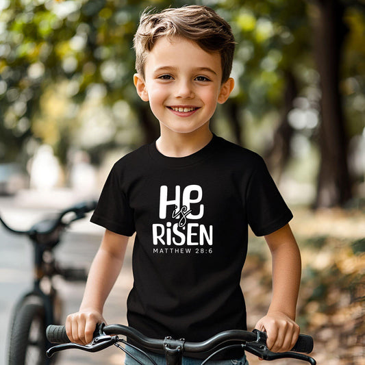He Is Risen Matthew 28:6 Bible Verse Kids Easter T-Shirt in Black – Christian Boys Shirt for Resurrection Sunday
