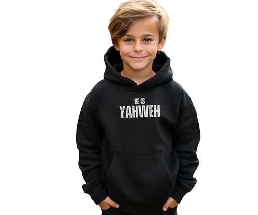Kids black Christian hoodie with bold white "He Is Yahweh" text – youth crewneck faith-based sweatshirt ideal for church, gifts, and everyday wear