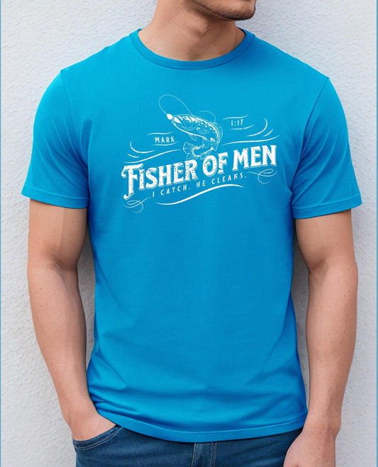 Fisher of Men t-shirt for men with Mark 1:17 message and fishing hook design In a Neon blue t shirt with white distress text 