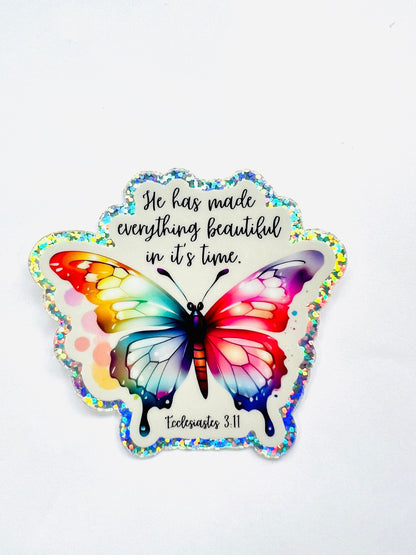 He Has Made Everything Beautiful sticker – Christian holographic butterfly sticker with Ecclesiastes 3:11 verse