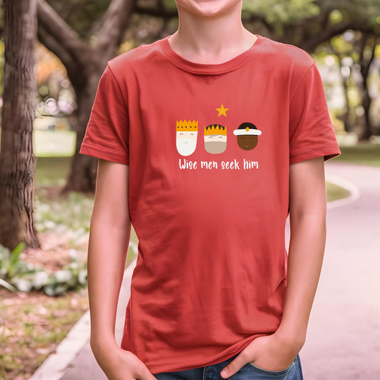 Red Christmas T-Shirt  features three wise men and the phrase ‘Wise men seek Him’ – Christian holiday design by Abound in Faith