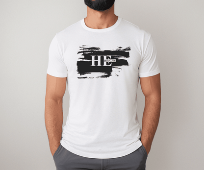 He Reigns Shirt In white shirt with black distressed letters 