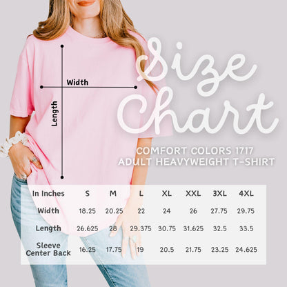 Unisex size chart for Christian women t-shirts in Comfort Colors brand with sleeve, length, and width measurements from size S to XL